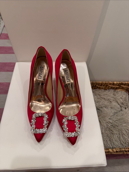 Badgley Mischka Shoes - Badgley Mischka Red Satin Pointed-Toe Pumps with Crystal Buckle